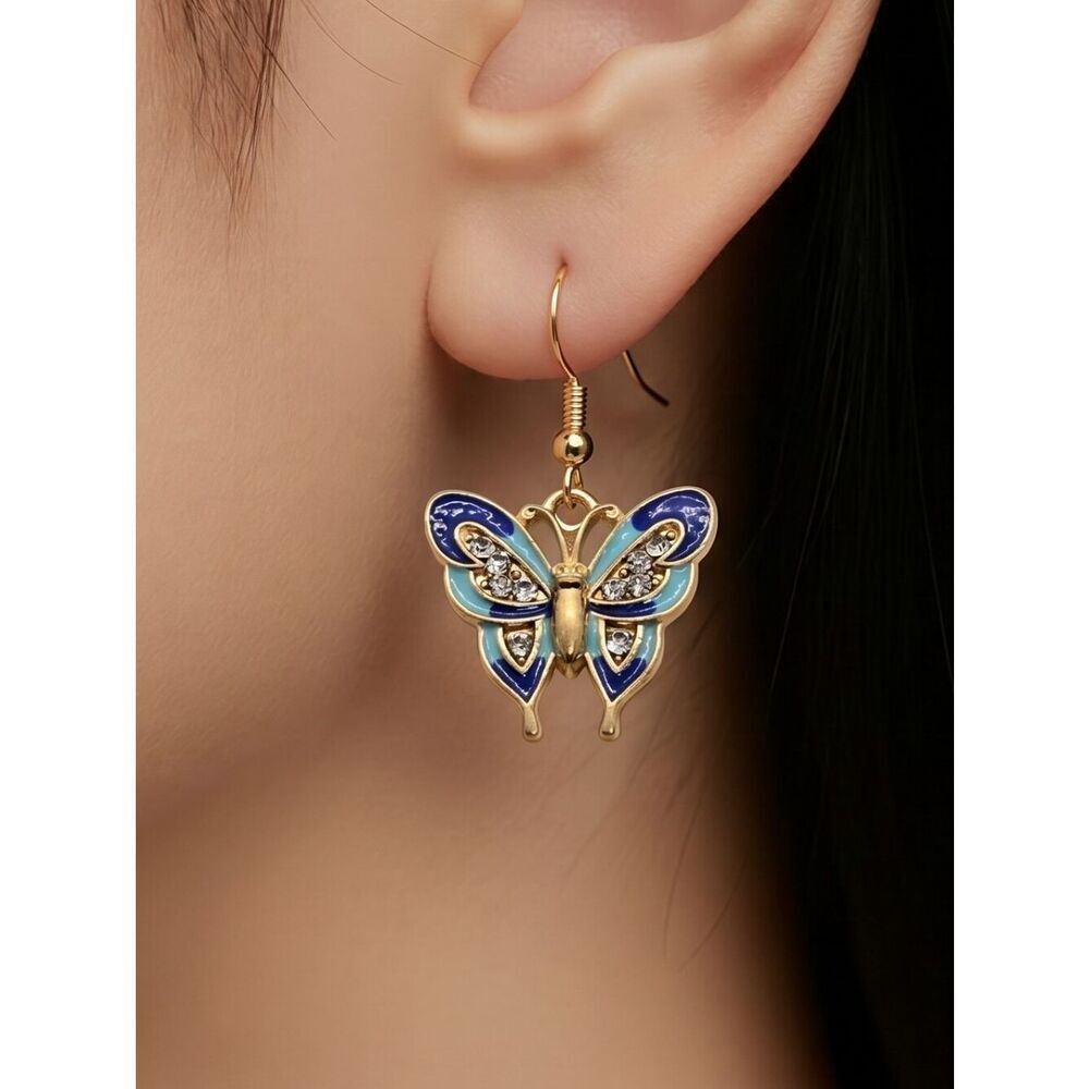 Butterfly Earrings 🦋 Rhinestone Blue Enamel Gold Plated Dangle Drop Ear Jewelry